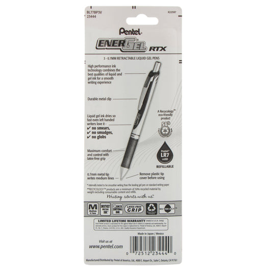 EnerGel RTX Retractable Liquid Gel Pen, (0.7mm) Metal Tip, Medium Line, Violet Ink 3-Pk (BL77BP3V)
