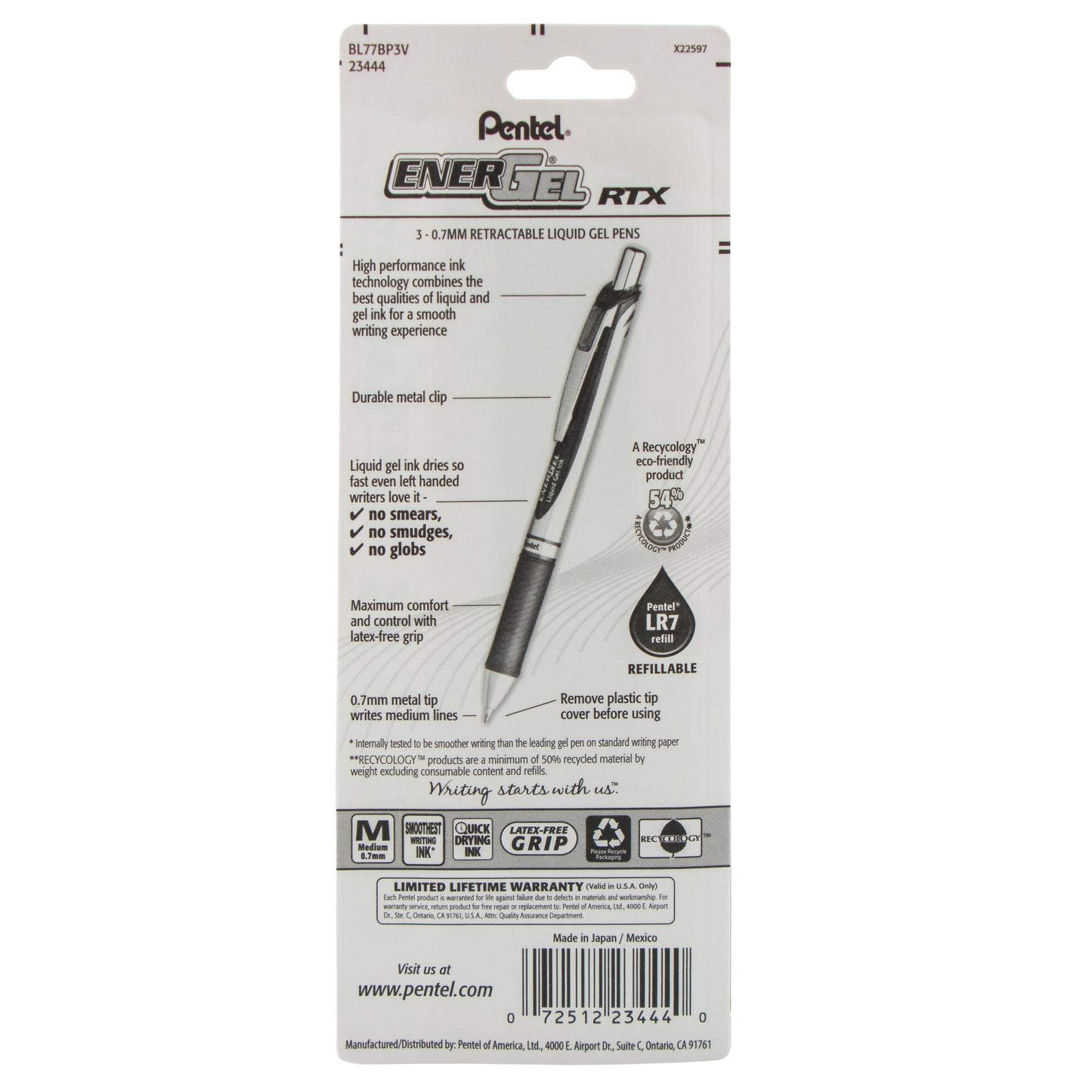 EnerGel RTX Retractable Liquid Gel Pen, (0.7mm) Metal Tip, Medium Line, Violet Ink 3-Pk (BL77BP3V)