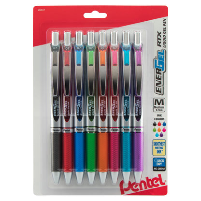 EnerGel RTX Retractable Liquid Gel Pen, (0.7mm) Metal Tip, Medium Line,Assorted Ink (A/B/C/K/F/P/S/V) 8-Pk (BL77BP8M1)