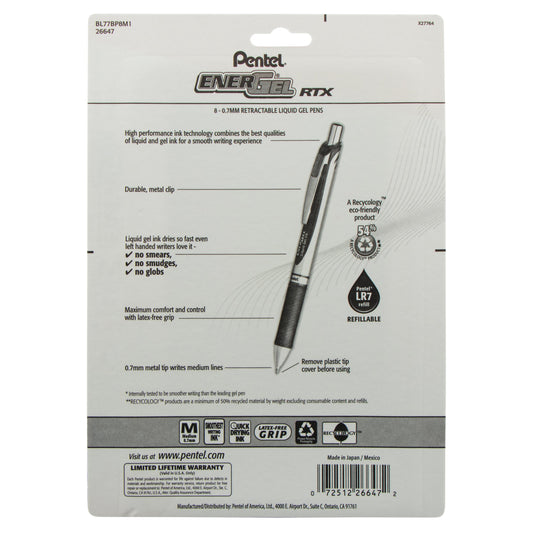EnerGel RTX Retractable Liquid Gel Pen, (0.7mm) Metal Tip, Medium Line,Assorted Ink (A/B/C/K/F/P/S/V) 8-Pk (BL77BP8M1)
