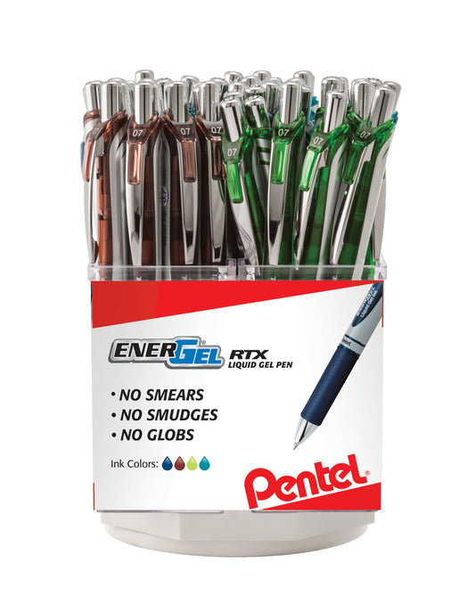 EnerGel RTX Retractable Liquid Gel Pen, (0.7mm) Metal Tip, Medium Line, Assorted Ink (CA/E/K/S3), Open Stock Spinner Display - 48 Pieces (BL77F-4)
