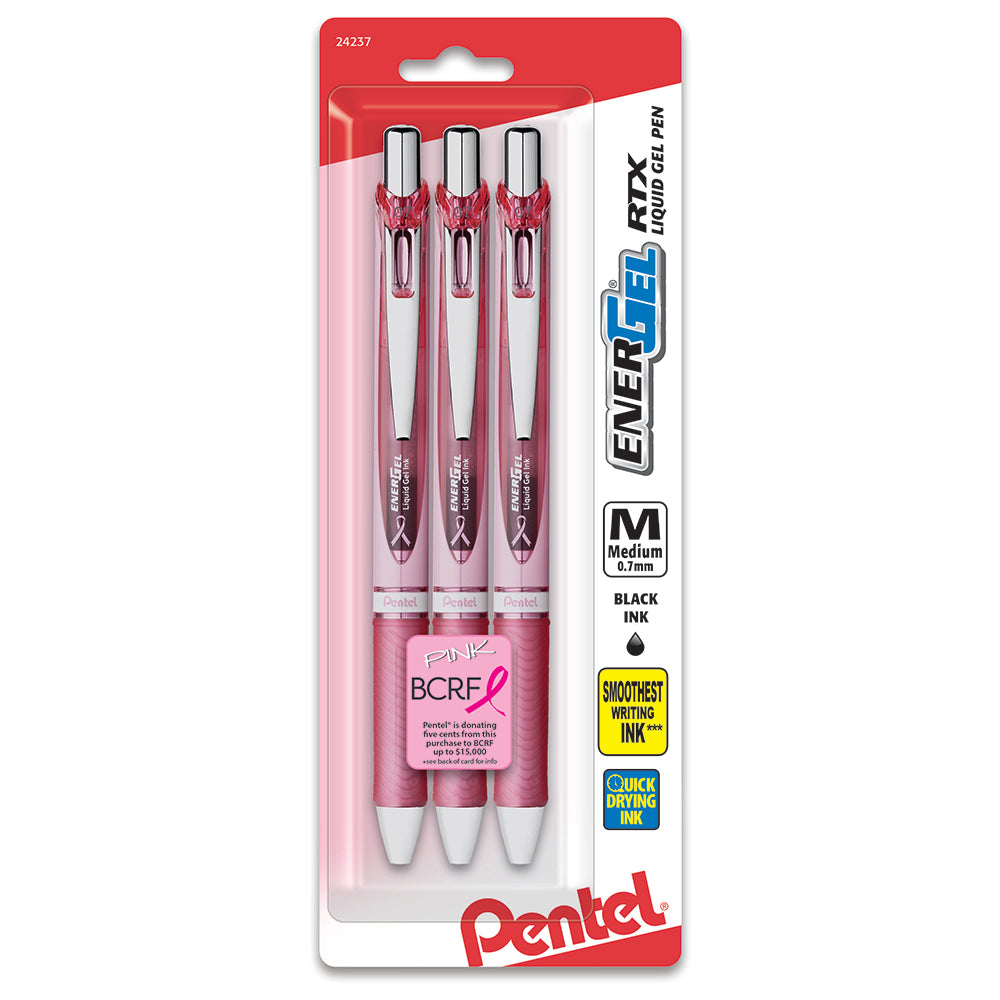 Pentel PINK BCA Ribbon EnerGel RTX Retractable Liquid Gel Pen, (0.7mm) Metal Tip, Medium Line,Pink Barrel, Black Ink, 3-Pk (BL77PBP3A-BC)