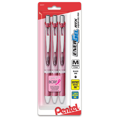 Pentel PINK BCA Ribbon EnerGel RTX Retractable Liquid Gel Pen, (0.7mm) Metal Tip, Medium Line,Pink Barrel, Black Ink, 3-Pk (BL77PBP3A-BC)