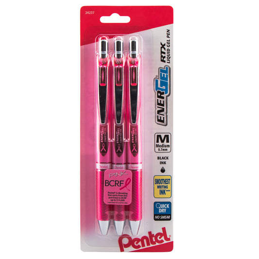Pentel PINK BCA Ribbon EnerGel RTX Retractable Liquid Gel Pen, (0.7mm) Metal Tip, Medium Line,Pink Barrel, Black Ink, 3-Pk (BL77PBP3A-BC)
