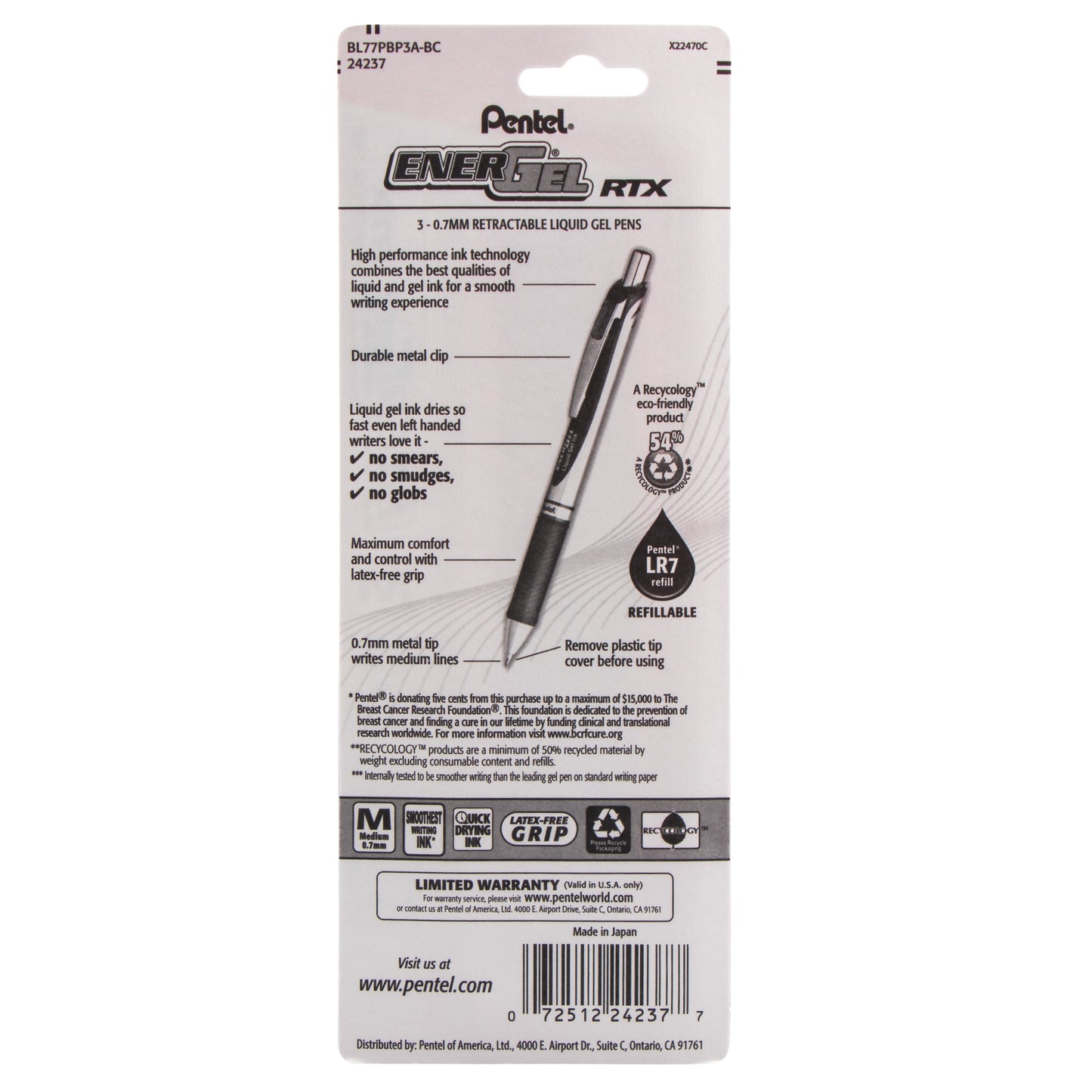 Pentel PINK BCA Ribbon EnerGel RTX Retractable Liquid Gel Pen, (0.7mm) Metal Tip, Medium Line,Pink Barrel, Black Ink, 3-Pk (BL77PBP3A-BC)