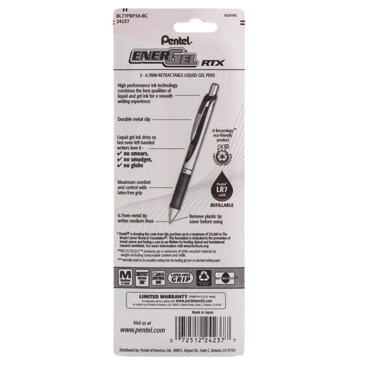 Pentel PINK BCA Ribbon EnerGel RTX Retractable Liquid Gel Pen, (0.7mm) Metal Tip, Medium Line,Pink Barrel, Black Ink, 3-Pk (BL77PBP3A-BC)