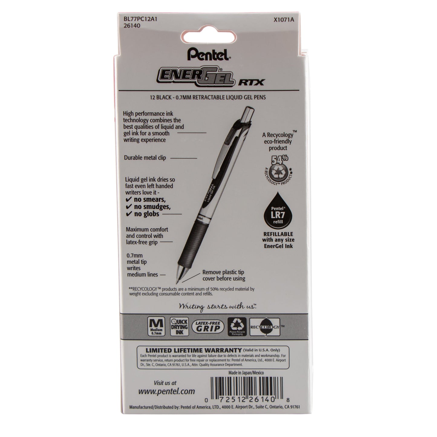 Pentel EnerGel RTX Retractable Liquid Gel Pen, (0.7mm) Metal Tip, Medium Line,0.7mm, Black Ink, 12-Pk Hanging Window Box (BL77PC12A1), 48 Each