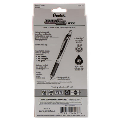 Pentel EnerGel RTX Retractable Liquid Gel Pen, (0.7mm) Metal Tip, Medium Line,0.7mm, Black Ink, 12-Pk Hanging Window Box (BL77PC12A1), 48 Each