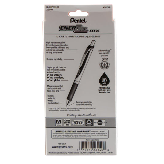 Pentel EnerGel RTX Retractable Liquid Gel Pen, (0.7mm) Metal Tip, Medium Line,0.7mm, Black Ink, 12-Pk Hanging Window Box (BL77PC12A1), 48 Each