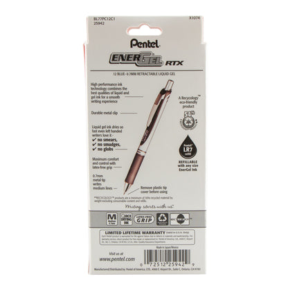Pentel EnerGel RTX Retractable Liquid Gel Pen, (0.7mm) Metal Tip, Medium Line,0.7mm, Blue Ink, 12-Pk Hanging Window Box (BL77PC12C1), 48 Each