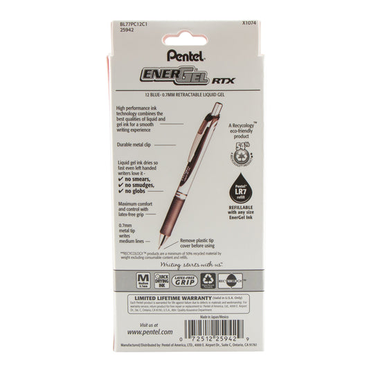 Pentel EnerGel RTX Retractable Liquid Gel Pen, (0.7mm) Metal Tip, Medium Line,0.7mm, Blue Ink, 12-Pk Hanging Window Box (BL77PC12C1), 48 Each