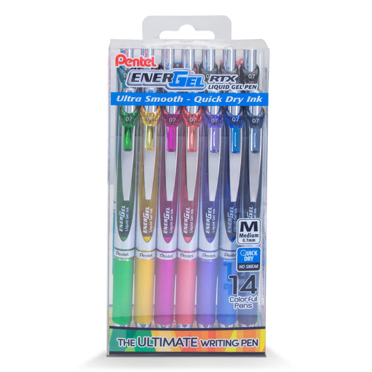EnerGel RTX Liquid Gel Pen, (0.7mm) Medium Line, Assorted Ink- 14-pk Plastic Box (BL77PC14M)