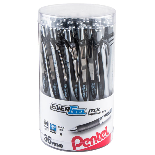 Pentel EnerGel RTX Retractable Liquid Gel Pen, (0.7mm) Metal Tip, Medium Line, Canister Black Ink, 36pk (BL77PC36A), 8 Each