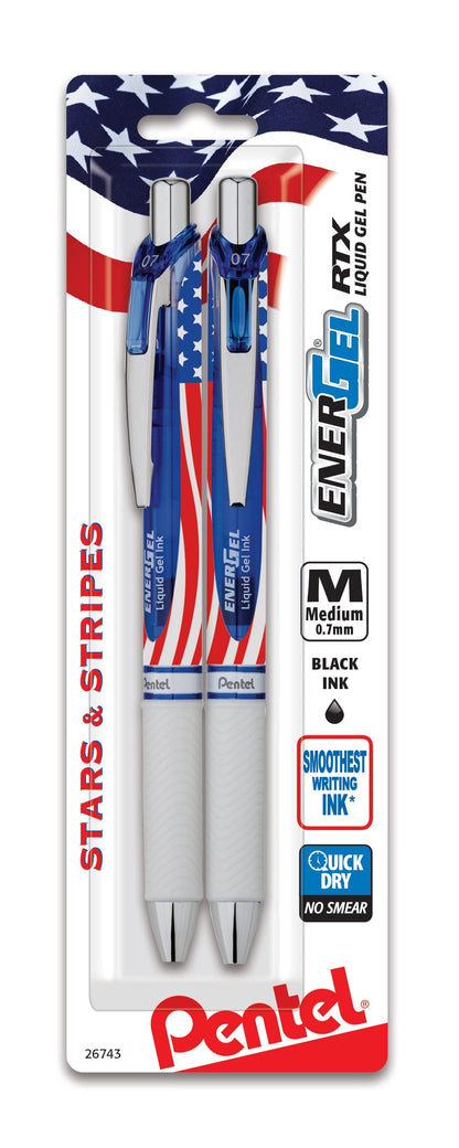 Pentel EnerGel RTX Retractable Liquid Gel Pen, Flag Barrel, (0.7mm) Metal Tip, Medium Line, Black Ink, 2-Pk (BL77USABP2A)