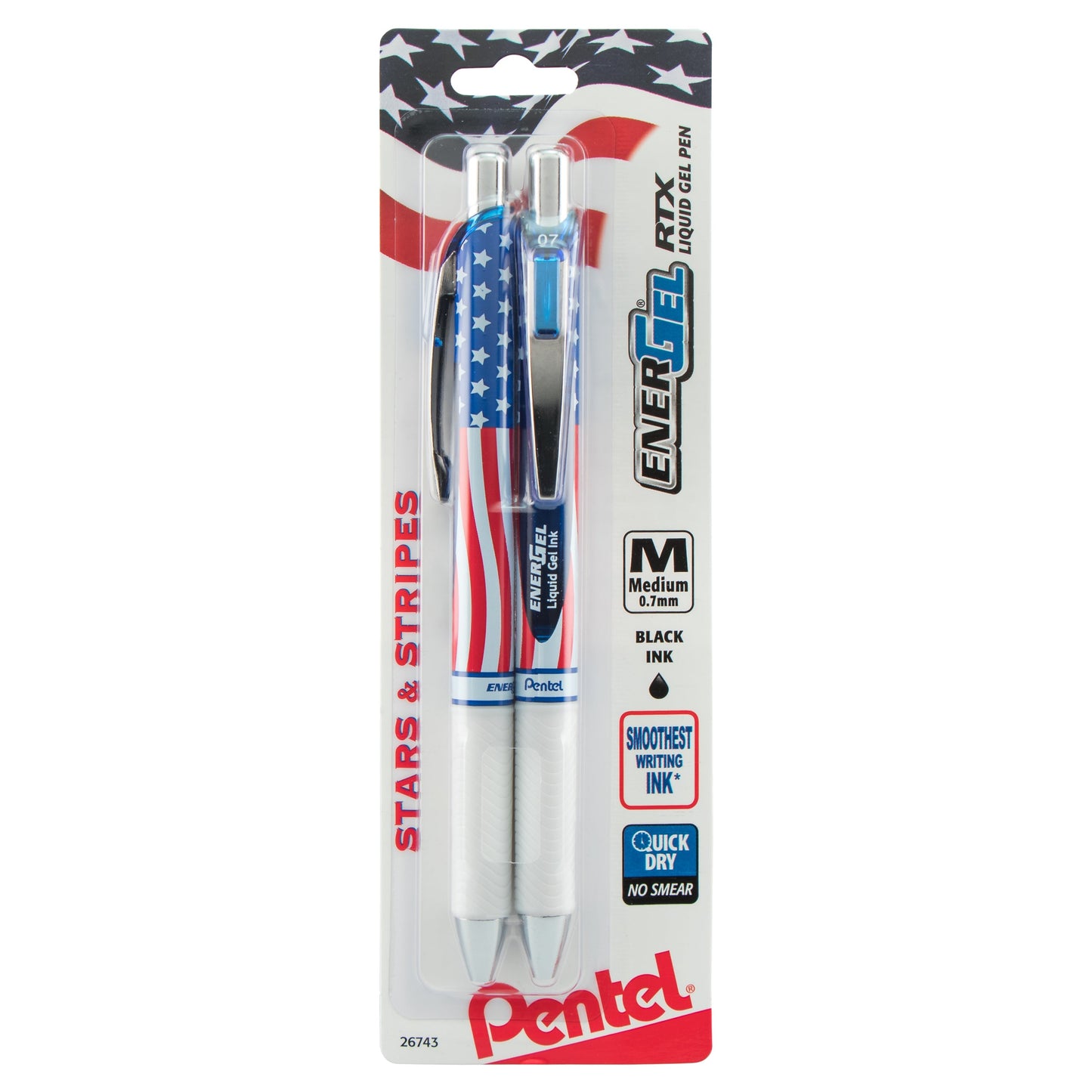 Pentel EnerGel RTX Retractable Liquid Gel Pen, Flag Barrel, (0.7mm) Metal Tip, Medium Line, Black Ink, 2-Pk (BL77USABP2A)