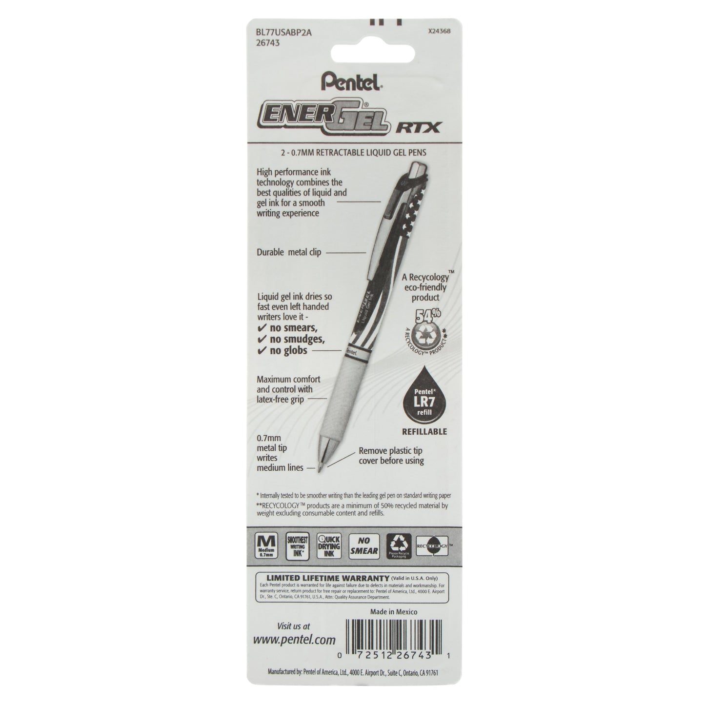 Pentel EnerGel RTX Retractable Liquid Gel Pen, Flag Barrel, (0.7mm) Metal Tip, Medium Line, Black Ink, 2-Pk (BL77USABP2A)