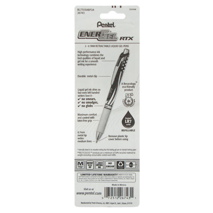 Pentel EnerGel RTX Retractable Liquid Gel Pen, Flag Barrel, (0.7mm) Metal Tip, Medium Line, Black Ink, 2-Pk (BL77USABP2A), 144 Each