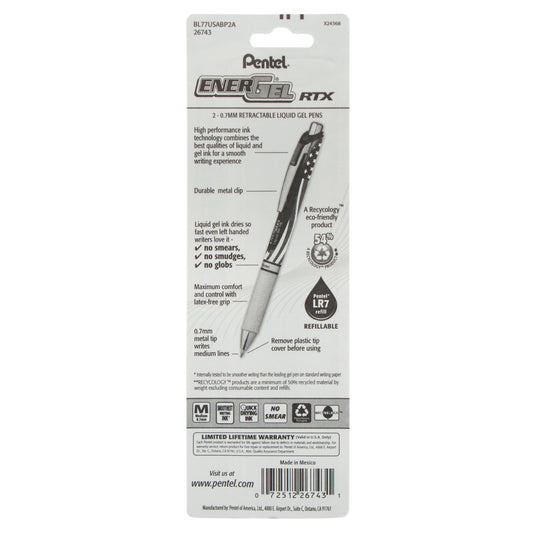 Pentel EnerGel RTX Retractable Liquid Gel Pen, Flag Barrel, (0.7mm) Metal Tip, Medium Line, Black Ink, 2-Pk (BL77USABP2A), 144 Each