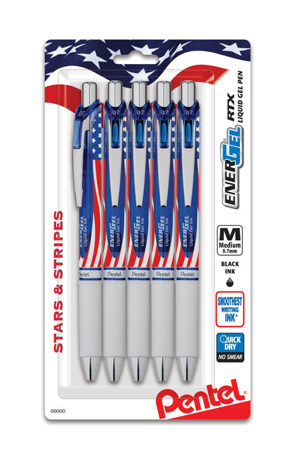 Pentel EnerGel RTX Retractable Liquid Gel Pen, Flag Barrel, (0.7mm) Metal Tip, Medium Line, Black Ink, 5-Pk (BL77USABP5A)