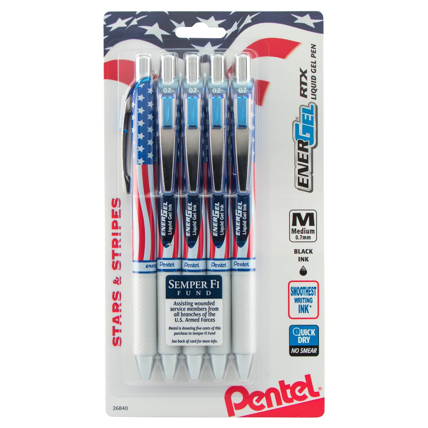 Pentel EnerGel RTX Retractable Liquid Gel Pen, Flag Barrel, (0.7mm) Metal Tip, Medium Line, Black Ink, 5-Pk (BL77USABP5A)