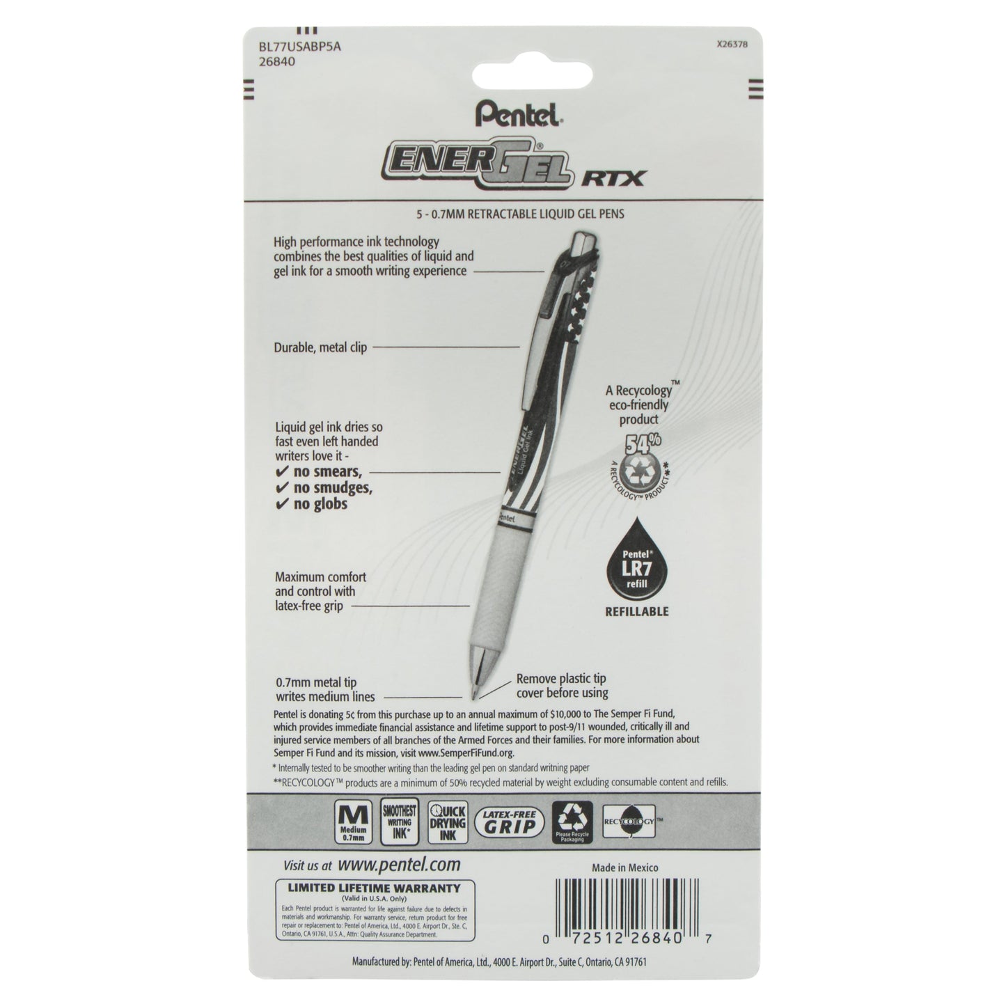 Pentel EnerGel RTX Retractable Liquid Gel Pen, Flag Barrel, (0.7mm) Metal Tip, Medium Line, Black Ink, 5-Pk (BL77USABP5A)