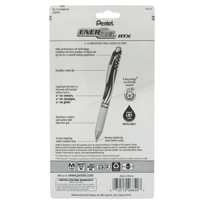 Pentel EnerGel RTX Retractable Liquid Gel Pen, Flag Barrel, (0.7mm) Metal Tip, Medium Line, Black Ink, 5-Pk (BL77USABP5A)