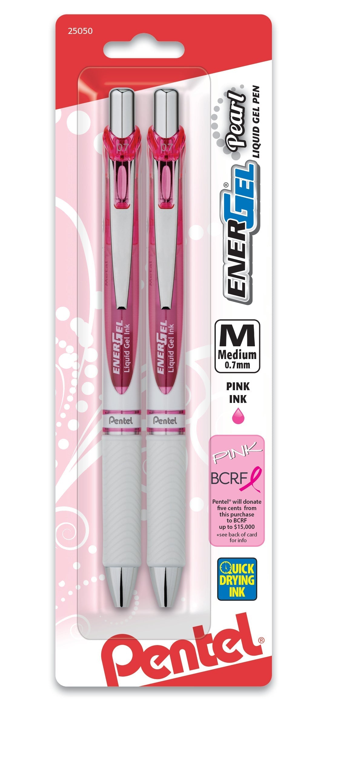 Pentel PINK BCA EnerGel Pearl Retractable Liquid Gel Pen, (0.7mm) Metal Tip, Medium Line, Pink Accent, Pink Ink 2-Pk (BL77WBP2PP)