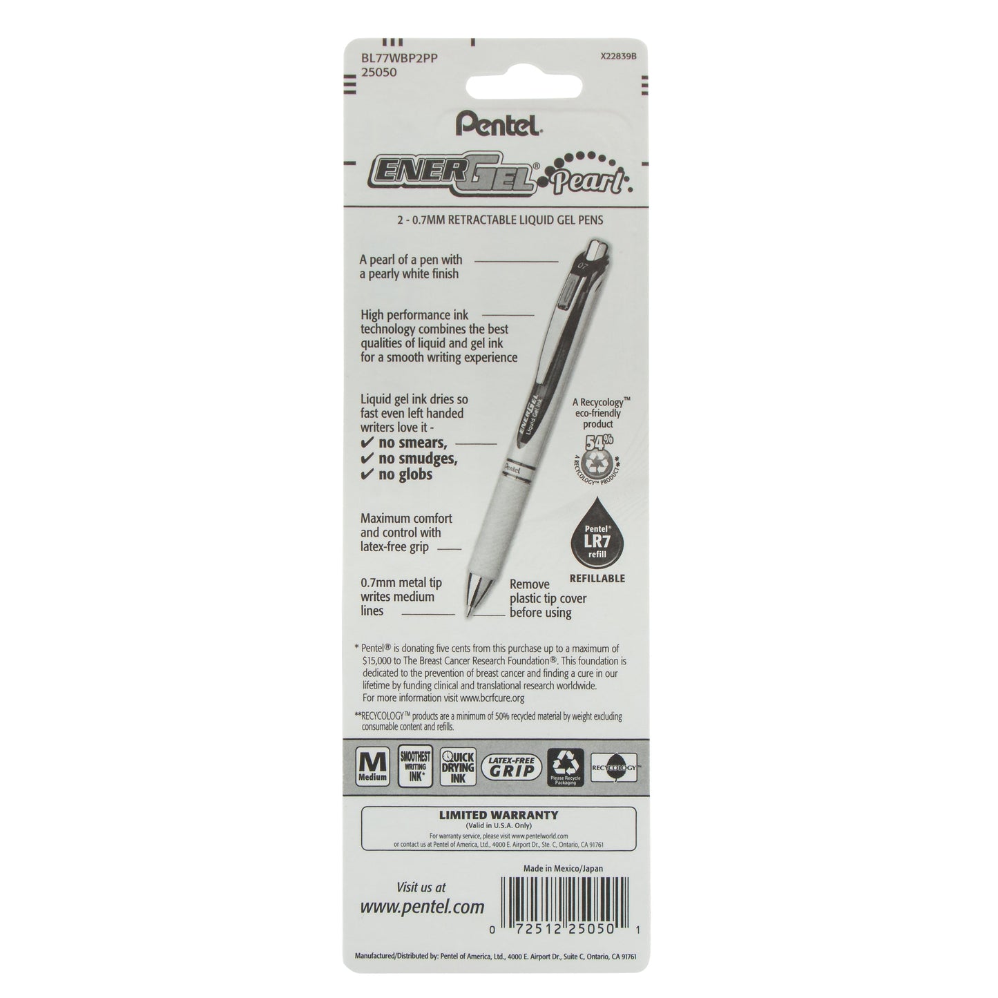 Pentel PINK BCA EnerGel Pearl Retractable Liquid Gel Pen, (0.7mm) Metal Tip, Medium Line, Pink Accent, Pink Ink 2-Pk (BL77WBP2PP)