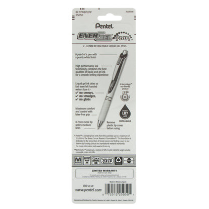 Pentel PINK BCA EnerGel Pearl Retractable Liquid Gel Pen, (0.7mm) Metal Tip, Medium Line, Pink Accent, Pink Ink 2-Pk (BL77WBP2PP)