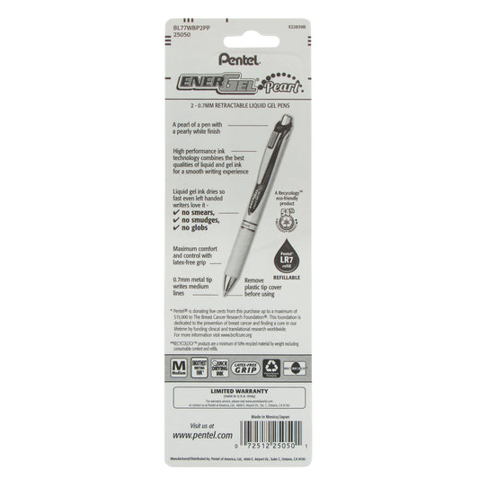 Pentel PINK BCA EnerGel Pearl Retractable Liquid Gel Pen, (0.7mm) Metal Tip, Medium Line, Pink Accent, Pink Ink 2-Pk (BL77WBP2PP)