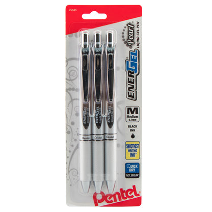 EnerGel Pearl Retractable Liquid Gel Pen, (0.7mm) Metal Tip, Medium Line, Black Accent, Black Ink 3-Pk (BL77WBP3A)