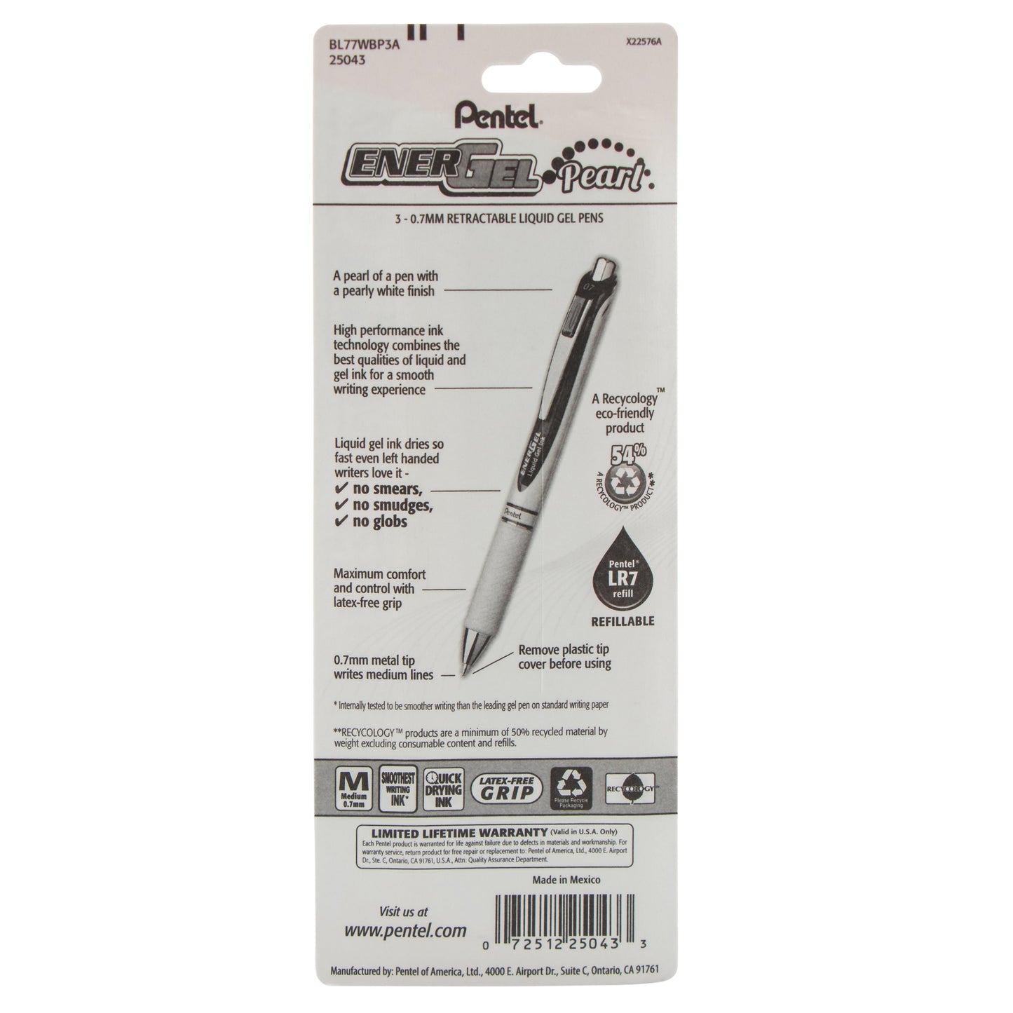 EnerGel Pearl Retractable Liquid Gel Pen, (0.7mm) Metal Tip, Medium Line, Black Accent, Black Ink 3-Pk (BL77WBP3A)