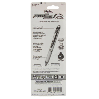 EnerGel Pearl Retractable Liquid Gel Pen, (0.7mm) Metal Tip, Medium Line, Black Accent, Black Ink 3-Pk (BL77WBP3A)
