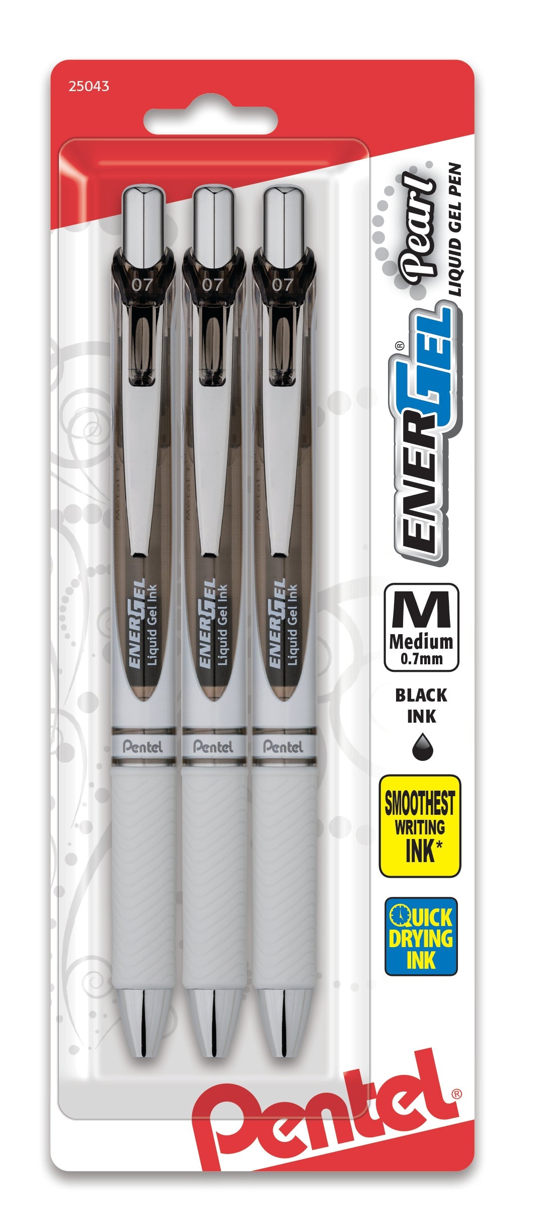 EnerGel Pearl Retractable Liquid Gel Pen, (0.7mm) Metal Tip, Medium Line, Black Accent, Black Ink 3-Pk (BL77WBP3A)