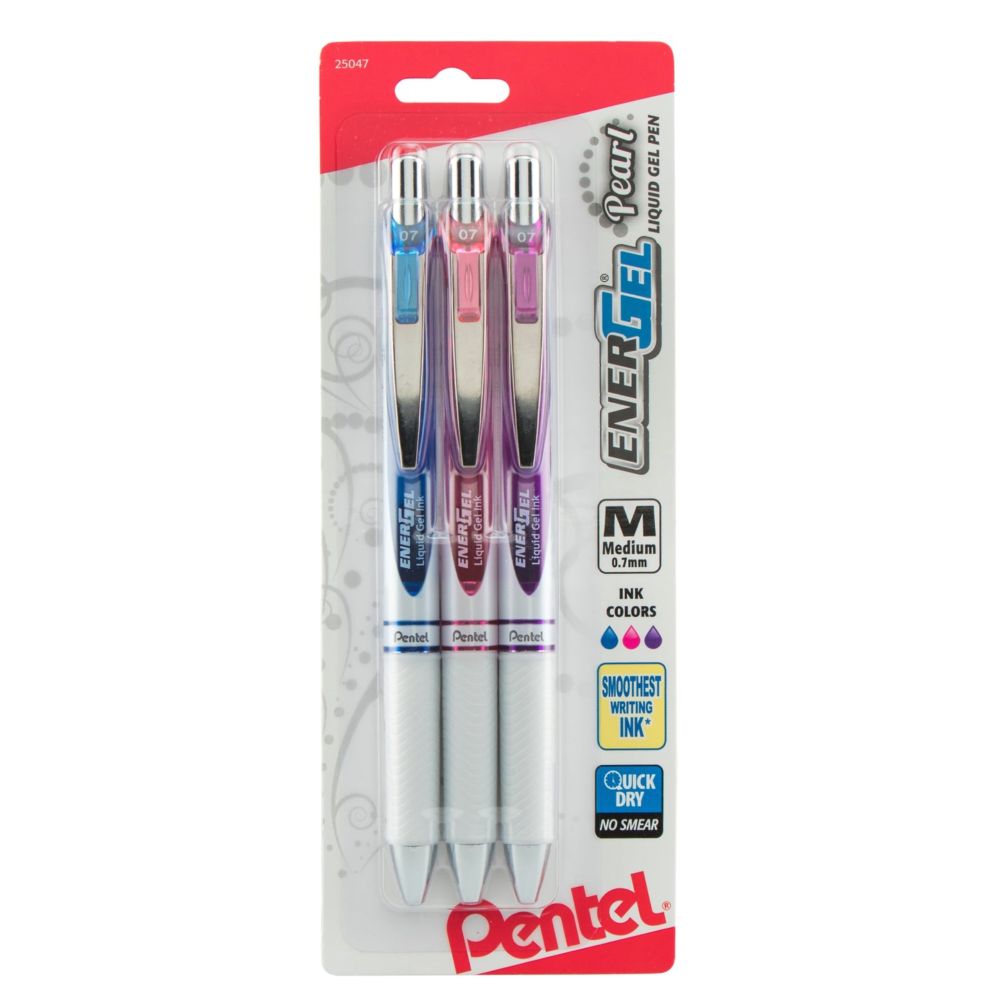 EnerGel Pearl Retractable Liquid Gel Pen, (0.7mm) Metal Tip, Medium Line,, Assorted Ink (C/P/V), 3-Pk (BL77WBP3M1)