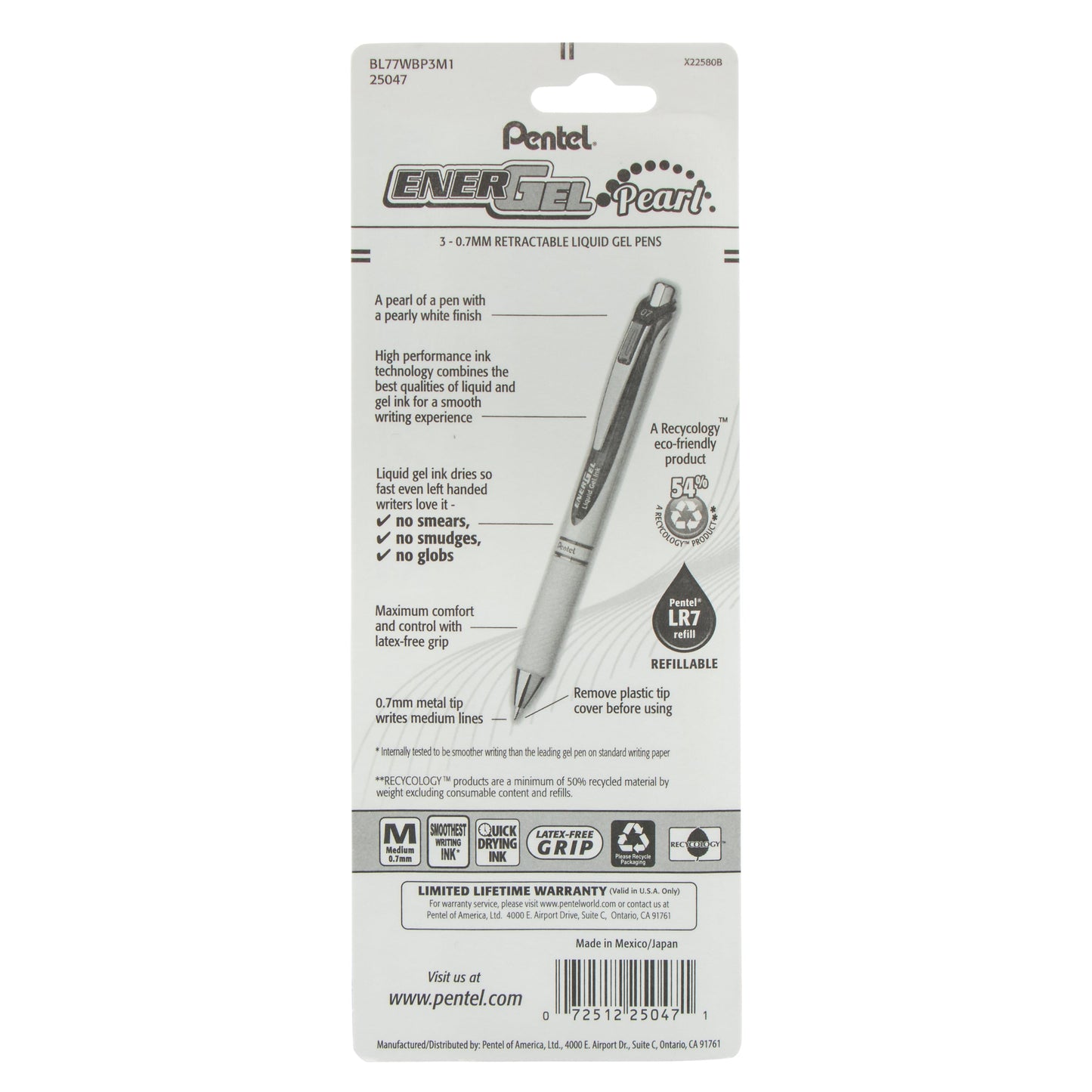 EnerGel Pearl Retractable Liquid Gel Pen, (0.7mm) Metal Tip, Medium Line,, Assorted Ink (C/P/V), 3-Pk (BL77WBP3M1)