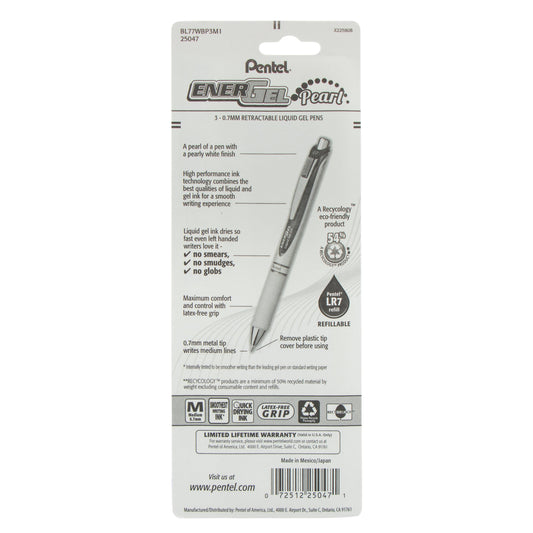 EnerGel Pearl Retractable Liquid Gel Pen, (0.7mm) Metal Tip, Medium Line,, Assorted Ink (C/P/V), 3-Pk (BL77WBP3M1)