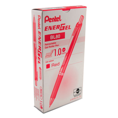 Pentel EnerGel RTX Retractable Liquid Gel Pen, (1.0mm) Metal Tip, Bold Line, Red Ink (BL80-B)