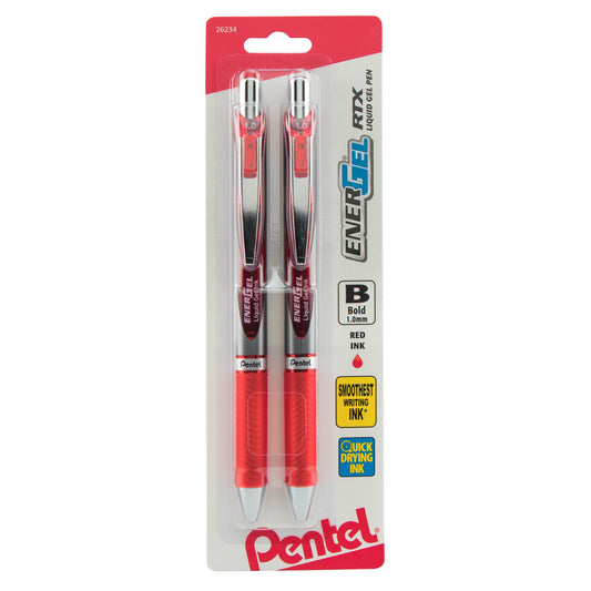 Pentel EnerGel RTX Retractable Liquid Gel Pen, (1.0mm) Metal Tip, Bold Line, Red Ink 2-Pk (BL80BP2B)