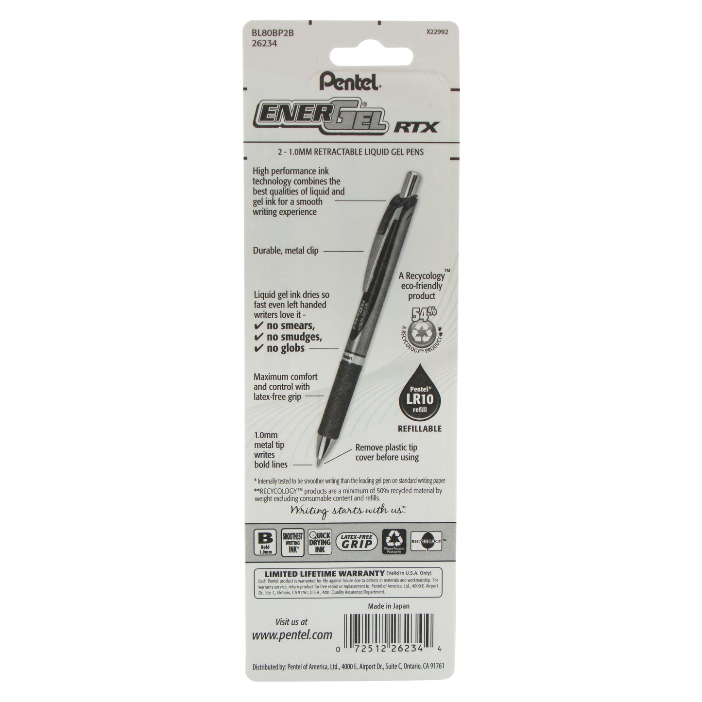 Pentel EnerGel RTX Retractable Liquid Gel Pen, (1.0mm) Metal Tip, Bold Line, Red Ink 2-Pk (BL80BP2B), 144 Each