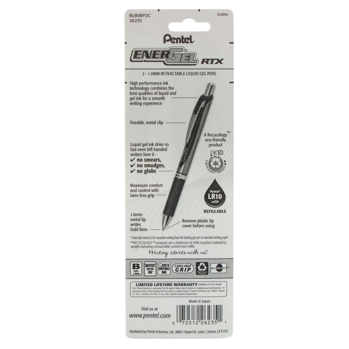 EnerGel RTX Retractable Liquid Gel Pen, (1.0mm) Metal Tip, Bold Line, Blue Ink 2-Pk (BL80BP2C)