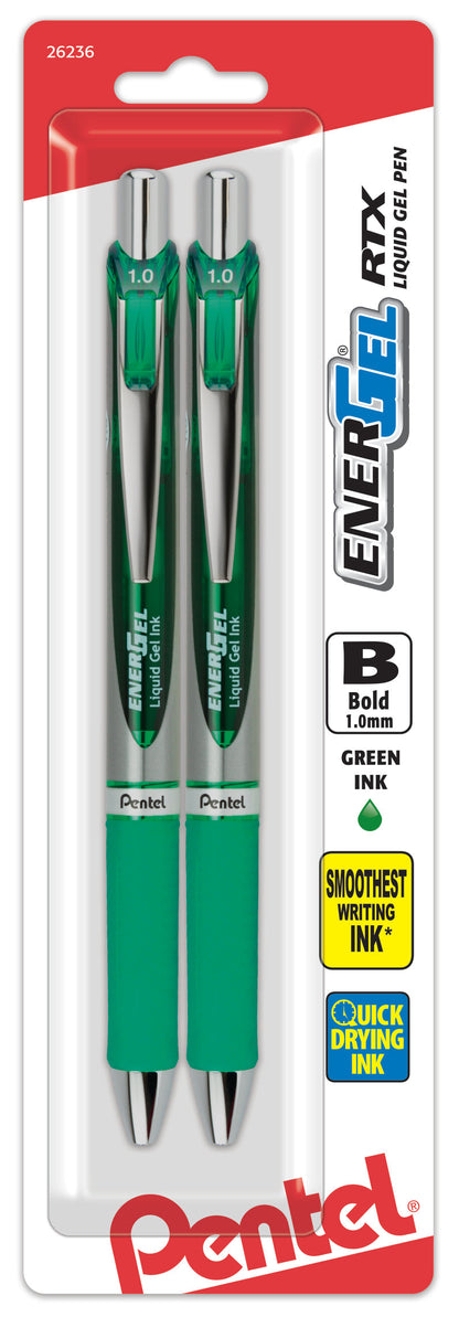 Pentel EnerGel RTX Retractable Liquid Gel Pen, (1.0mm) Metal Tip, Bold Line, Green Ink 2-Pk (BL80BP2D)