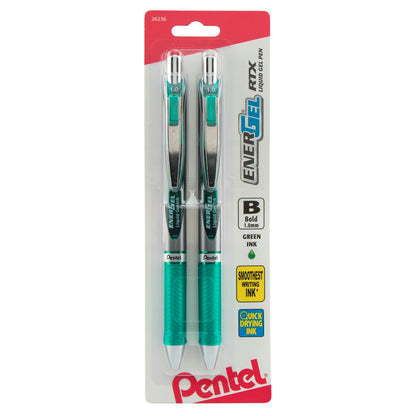 Pentel EnerGel RTX Retractable Liquid Gel Pen, (1.0mm) Metal Tip, Bold Line, Green Ink 2-Pk (BL80BP2D)