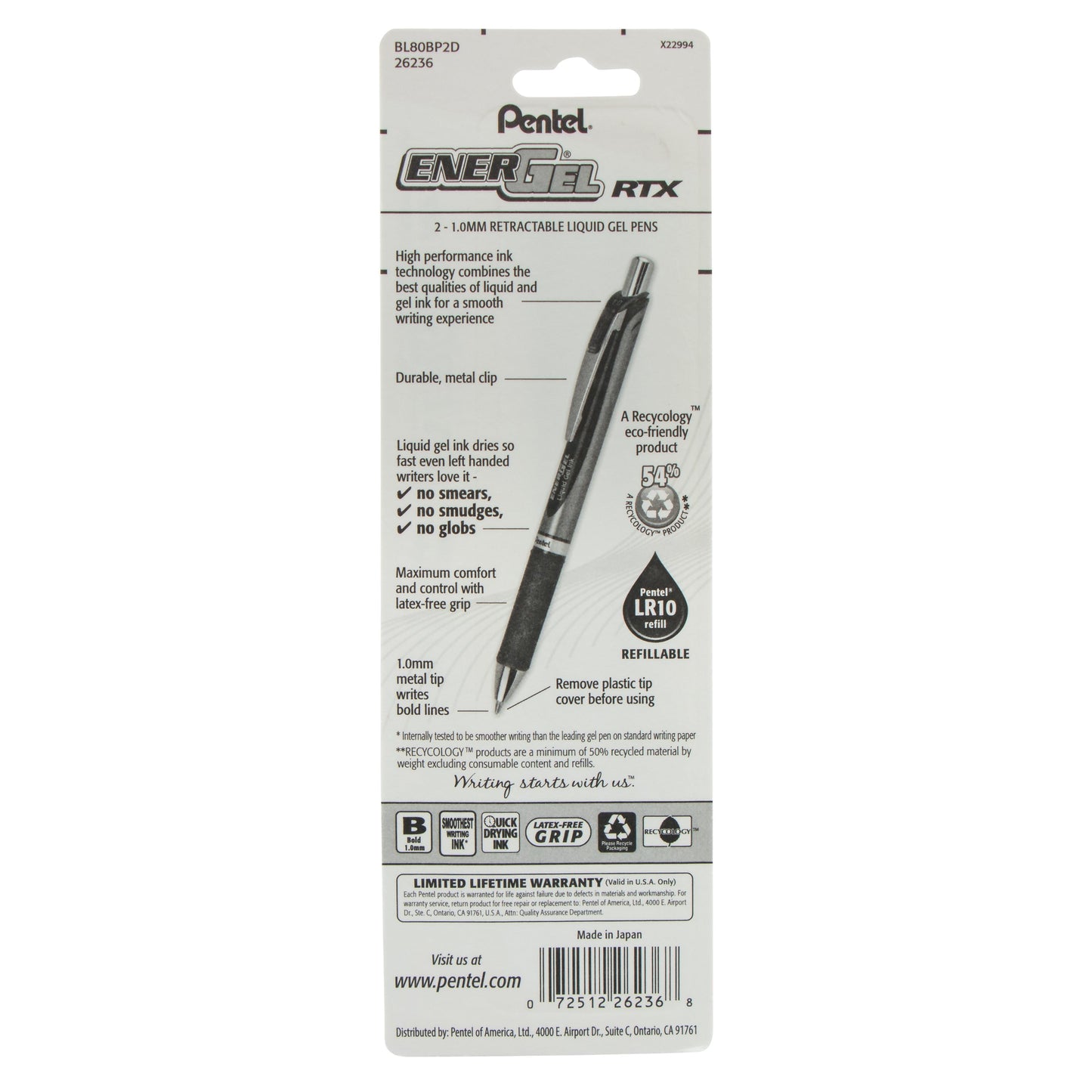 Pentel EnerGel RTX Retractable Liquid Gel Pen, (1.0mm) Metal Tip, Bold Line, Green Ink 2-Pk (BL80BP2D)