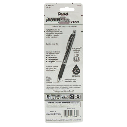 Pentel EnerGel RTX Retractable Liquid Gel Pen, (1.0mm) Metal Tip, Bold Line, Green Ink 2-Pk (BL80BP2D)