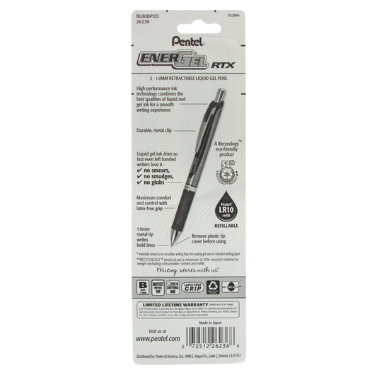 Pentel EnerGel RTX Retractable Liquid Gel Pen, (1.0mm) Metal Tip, Bold Line, Green Ink 2-Pk (BL80BP2D)
