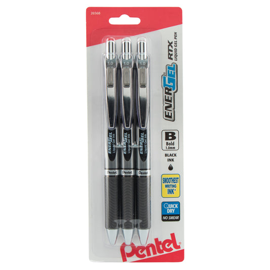 EnerGel RTX Retractable Liquid Gel Pen, (1.0mm) Metal Tip, Bold Line, Black Ink 3-Pk (BL80BP3A)