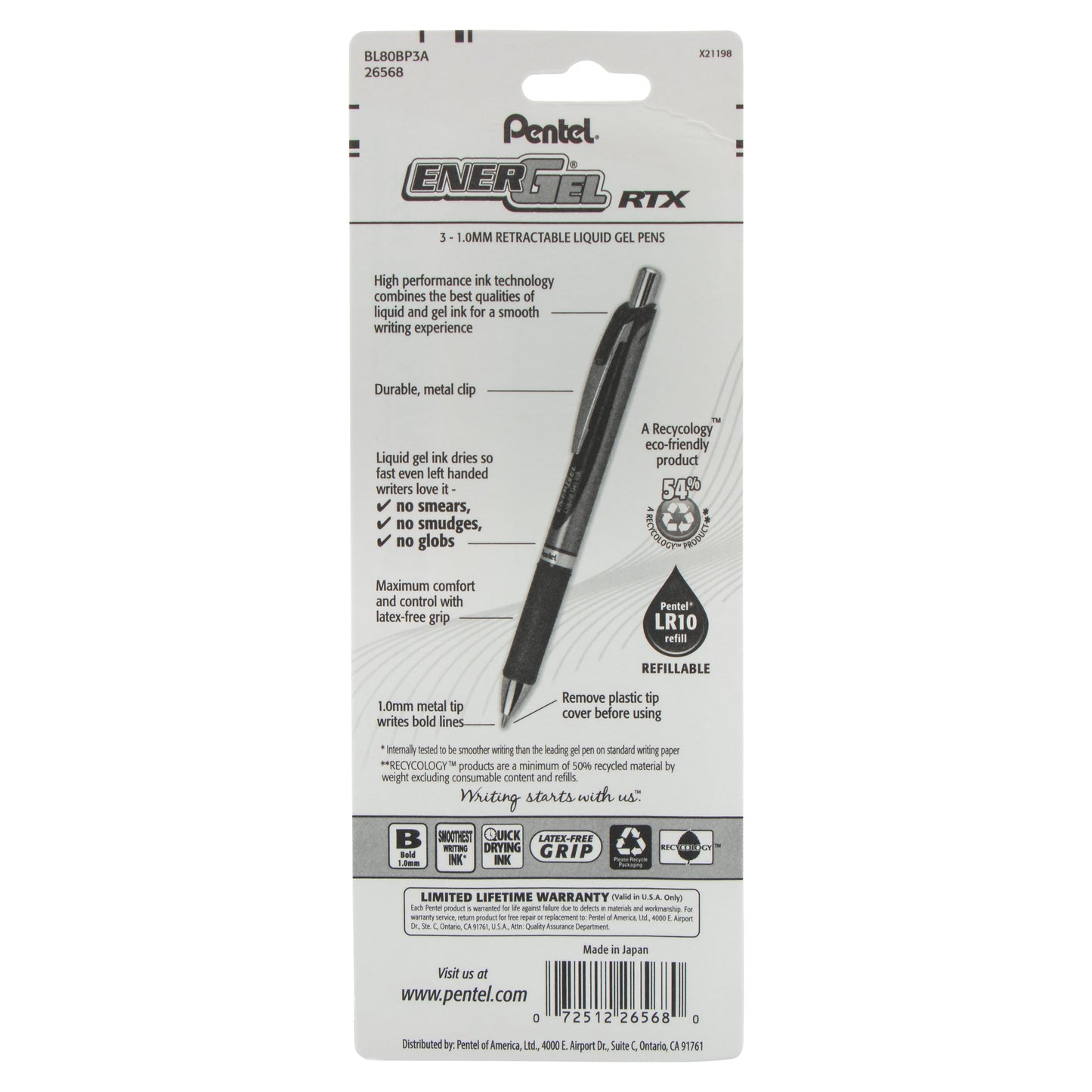 EnerGel RTX Retractable Liquid Gel Pen, (1.0mm) Metal Tip, Bold Line, Black Ink 3-Pk (BL80BP3A)