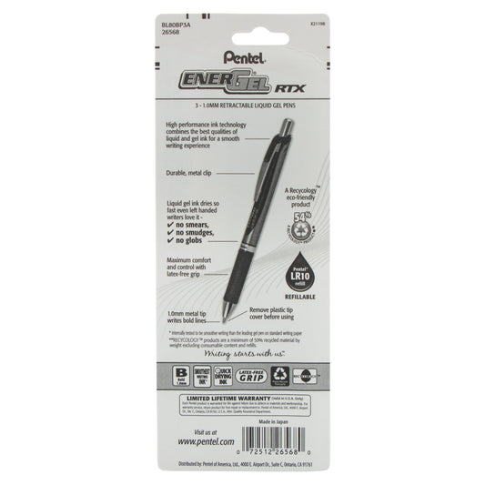 EnerGel RTX Retractable Liquid Gel Pen, (1.0mm) Metal Tip, Bold Line, Black Ink 3-Pk (BL80BP3A)