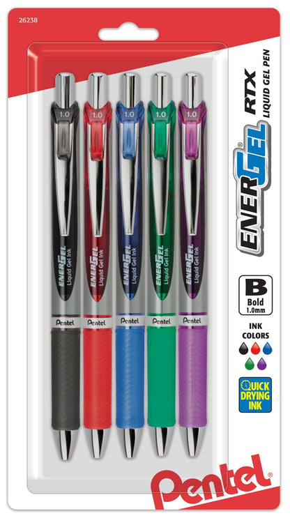 Pentel EnerGel RTX Retractable Liquid Gel Pen, (1.0mm) Metal Tip, Bold Line, Asstd Ink (A/B/C/D/V) 5-Pk (BL80BP5M)
